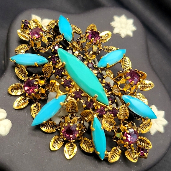 Austria Jewelry - Vintage AUSTRIA Turquoise Rhinestone Brooch Purple Crystal Pin Ornate Antique